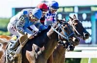 ELMONT, NY - JUNE 10: Joking #2 (blue cap), with Manuel Franco riding, wins the True North Stakes on Belmont Stakes Festival Friday at Belmont Park on June 10, 2016 in Elmont, New York. (Photo by Scott Serio/Eclipse Sportswire/Getty Images)